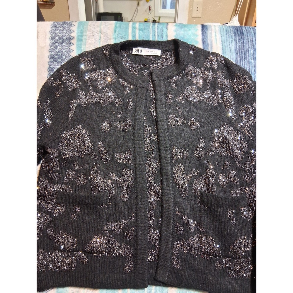 Zara Black Sequin Knit Cardigan Sweater Open Front Floral Sparkle Medium